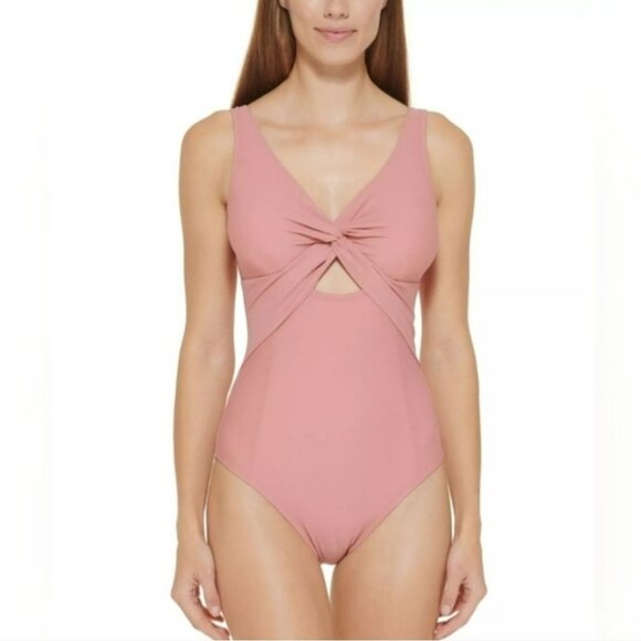 DKNY Women's Peek-a-Boo Twist One-Piece Swimsuit Coral Pink Scoop Back Size 16 - Picture 15 of 15